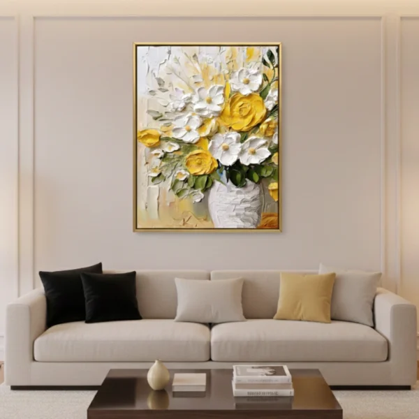 Contemporary hand-painted canvas of white daisies and yellow roses in textured white vase, warm neutral palette, modern living space