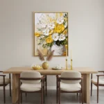 Textured contemporary hand-painted canvas depicting white and yellow flowers in cream vase, muted palette, dining space