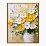 Contemporary hand-painted canvas featuring white daisies and golden roses in textured impasto, cream and gold palette