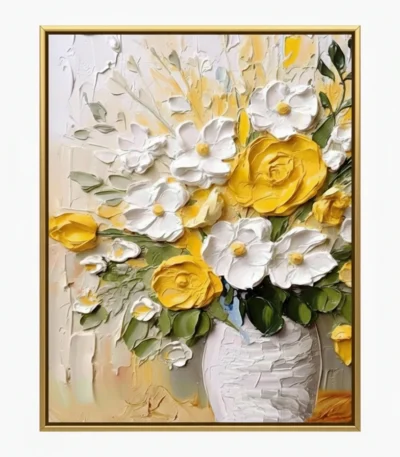 Contemporary hand-painted canvas featuring white daisies and golden roses in textured impasto, cream and gold palette