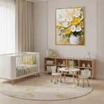 Contemporary floral hand-painted canvas featuring yellow roses and white blooms in textured cream vessel, warm palette, nursery setting