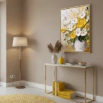 Contemporary hand-painted canvas of white and yellow roses in textured brushstrokes, warm neutral setting