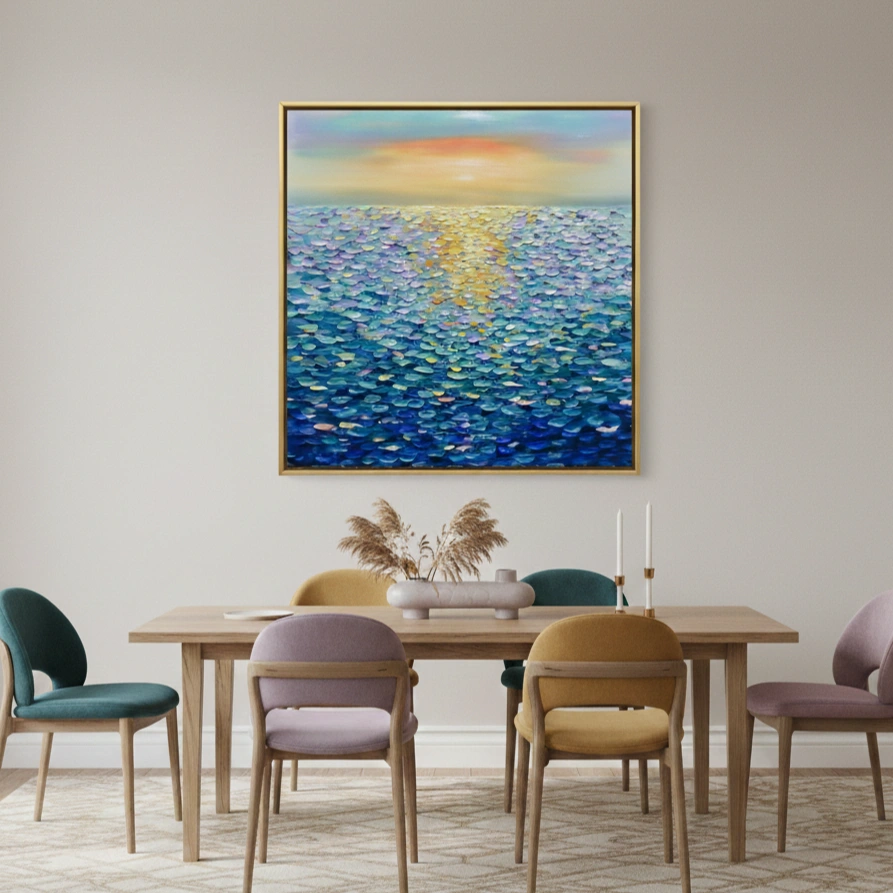 Radiant Sunset Palette Impasto Color art Wall Decor (1.5) Textured impressionist seascape hand-painted canvas with golden sunrise reflection and layered blue-green water, contemporary dining space