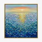 Textured contemporary seascape painting with impasto brushwork depicting golden sunset reflection over layered ocean waves in blues, purples, and yellows