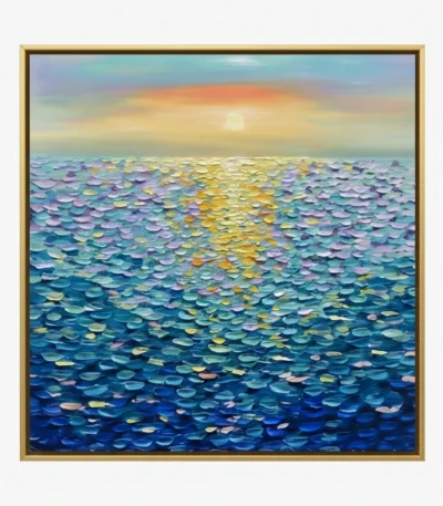 Textured contemporary seascape painting with impasto brushwork depicting golden sunset reflection over layered ocean waves in blues, purples, and yellows