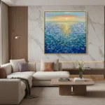 Impressionist hand-painted canvas depicting golden sunlight reflecting across layered blue ocean waters, contemporary living space