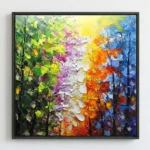 Textured abstract hand-painted canvas with impasto floral forms in vibrant rainbow palette transitioning through green, pink, orange and blue
