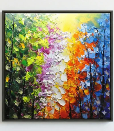 Textured abstract hand-painted canvas with impasto floral forms in vibrant rainbow palette transitioning through green, pink, orange and blue
