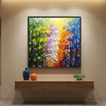 Textured abstract hand-painted canvas featuring cascading flowers in vibrant rainbow palette, contemporary living space
