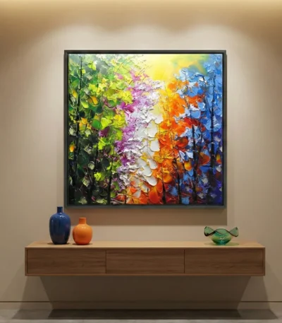 Textured abstract hand-painted canvas featuring cascading flowers in vibrant rainbow palette, contemporary living space