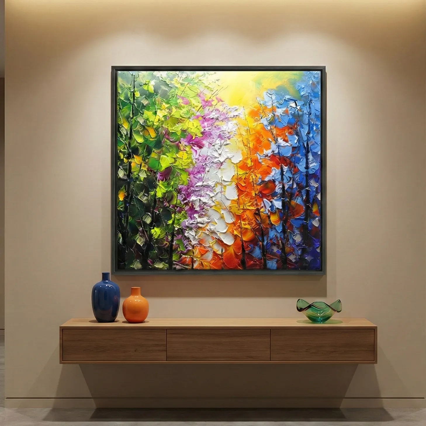Radiant Woods Colorful textured forest painting Color wall art (2) Textured abstract hand-painted canvas featuring cascading flowers in vibrant rainbow palette, contemporary living space