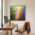 Textured abstract hand-painted canvas with cascading floral forms in vibrant rainbow palette, contemporary office setting