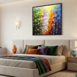 Gestural abstract hand-painted canvas with layered rainbow flowers in vibrant multi-colored palette, modern bedroom