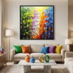Textured abstract hand-painted canvas with cascading flowers in vibrant rainbow palette, contemporary living space