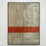 Minimalist hand-painted canvas with horizontal red stripe across textured cream and grey tonal layers, contemporary wall art