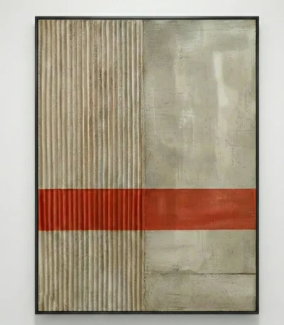 Minimalist hand-painted canvas with horizontal red stripe across textured cream and grey tonal layers, contemporary wall art