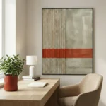 Minimalist abstract hand-painted canvas with corrugated metal textures, terracotta stripe accent, muted gray and rust palette, contemporary workspace