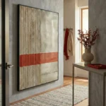Minimalist abstract hand-painted canvas with horizontal color blocking in cream, terracotta, and textured cream striping, contemporary entryway