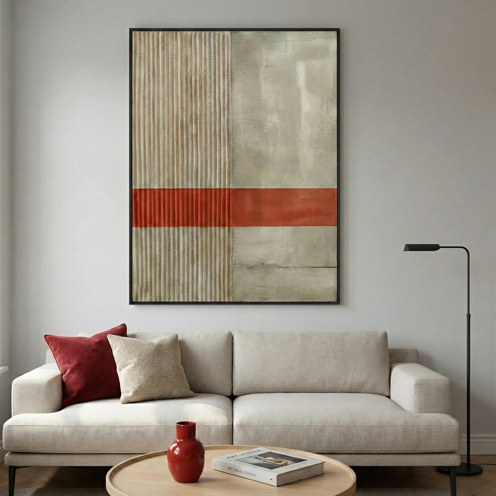 Raw Structure Corrugated and flat panels abstract wall art (4) Minimalist abstract hand-painted canvas with geometric divisions, corrugated textures, and rust-red stripe on cream tones, contemporary living space