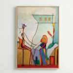 Contemporary figurative hand-painted canvas depicting stylized musicians with geometric forms in vibrant primary colors and warm earth tones