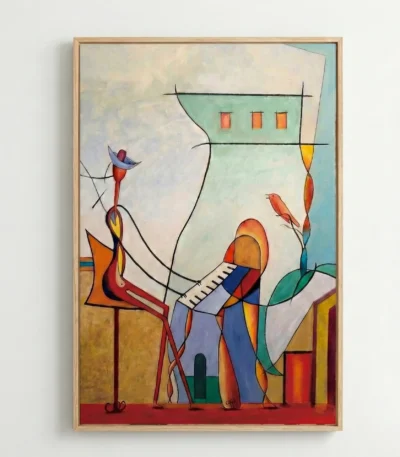 Contemporary figurative hand-painted canvas depicting stylized musicians with geometric forms in vibrant primary colors and warm earth tones