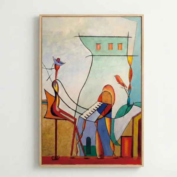 Contemporary figurative hand-painted canvas depicting stylized musicians with geometric forms in vibrant primary colors and warm earth tones