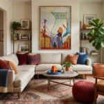 Figurative hand-painted canvas depicting musicians with geometric architecture in vibrant orange, blue, and red tones, contemporary living space