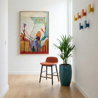 Contemporary figurative hand-painted canvas with bold geometric shapes, vibrant orange and teal palette, modern interior