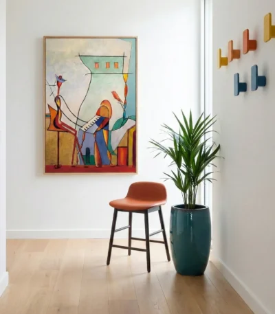 Contemporary figurative hand-painted canvas with bold geometric shapes, vibrant orange and teal palette, modern interior