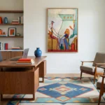 Vibrant figurative hand-painted canvas depicting stylized musicians and geometric architecture in bold blues, oranges and teals, contemporary office setting