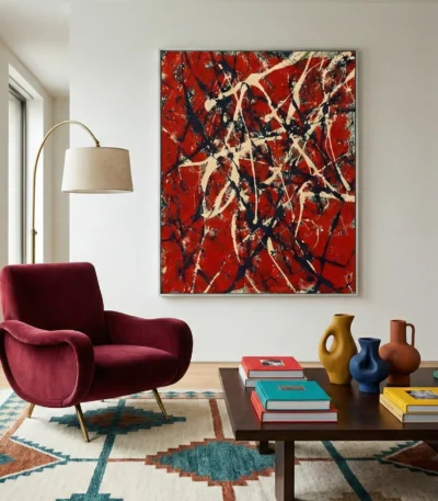 Gestural abstract expressionist hand-painted canvas in bold red, cream, and black drips, modern living space