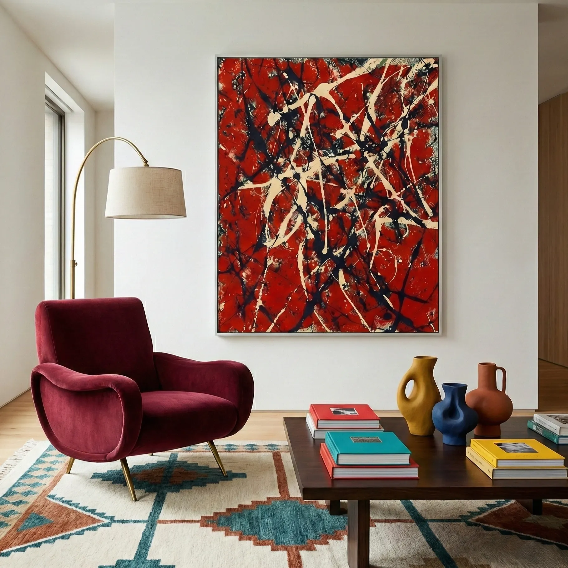Rouge Noir Abstract Bold red and black drips pollock wall art (1) Gestural abstract expressionist hand-painted canvas in bold red, cream, and black drips, modern living space
