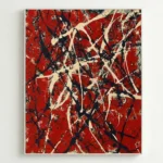 Gestural abstract expressionist hand-painted canvas in bold red, cream, and black drips, contemporary living space