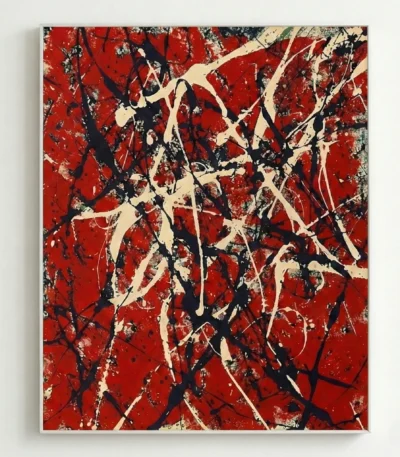 Gestural abstract expressionist hand-painted canvas in bold red, cream, and black drips, contemporary living space