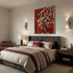 Gestural abstract expressionist hand-painted canvas in vibrant red with bold black and cream brushstrokes, modern bedroom