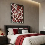 Abstract expressionist hand-painted canvas with bold white gestural strokes over deep crimson red, modern bedroom