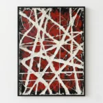 Abstract expressionist hand-painted canvas with bold white gestural lines fragmenting deep crimson and black fields