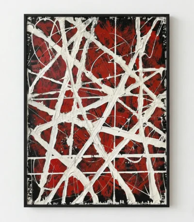 Abstract expressionist hand-painted canvas with bold white gestural lines fragmenting deep crimson and black fields