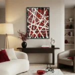 Abstract hand-painted canvas with white interlocking lines over deep red background, contemporary living space