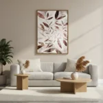 Contemporary hand-painted canvas featuring layered botanical leaves in muted burgundy and taupe tones, modern living space