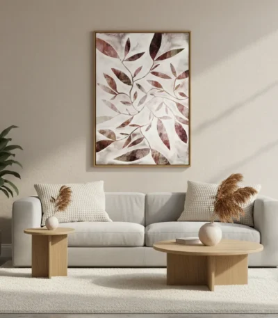 Contemporary hand-painted canvas featuring layered botanical leaves in muted burgundy and taupe tones, modern living space