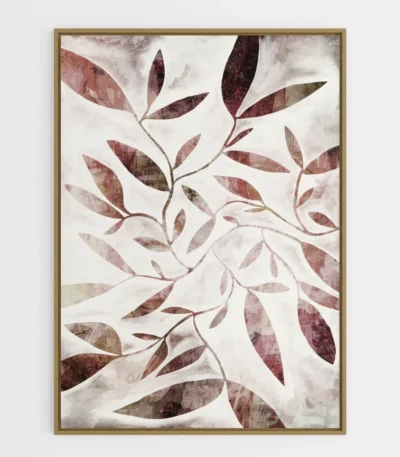 Minimalist hand-painted canvas with layered botanical branches in muted burgundy, mauve and taupe tones