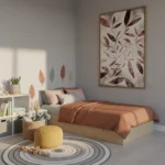 Contemporary hand-painted canvas featuring layered botanical foliage in terracotta, burgundy and sage tones, modern bedroom