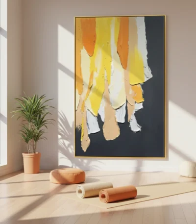 Gestural abstract hand-painted canvas with layered yellow, orange, and cream drips against charcoal background, contemporary studio setting