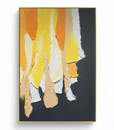 Gestural abstract hand-painted canvas with dripping yellow and orange strokes against charcoal background, contemporary interior