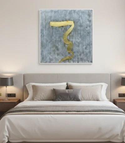 Minimalist hand-painted canvas featuring a textured serpentine gold form on weathered grey background, modern bedroom