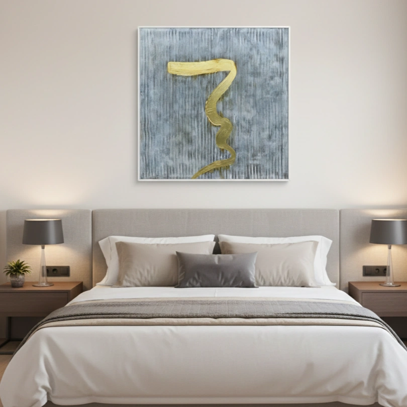 Saffron Solace Canvas Organic movement neutral tones minimal wall decor (1.5) Minimalist hand-painted canvas featuring a textured serpentine gold form on weathered grey background, modern bedroom