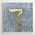 Gestural abstract hand-painted canvas with sinuous golden brushstrokes on textured grey background, contemporary wall art