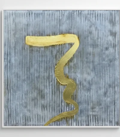 Gestural abstract hand-painted canvas with sinuous golden brushstrokes on textured grey background, contemporary wall art