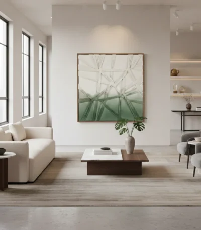Minimalist hand-painted canvas depicting delicate dandelion seedheads in soft greens and creams, contemporary living space